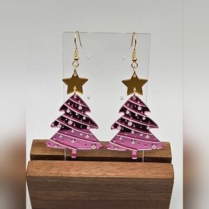 Pink Christmas Tree/Gold Star Earrings, NWOT